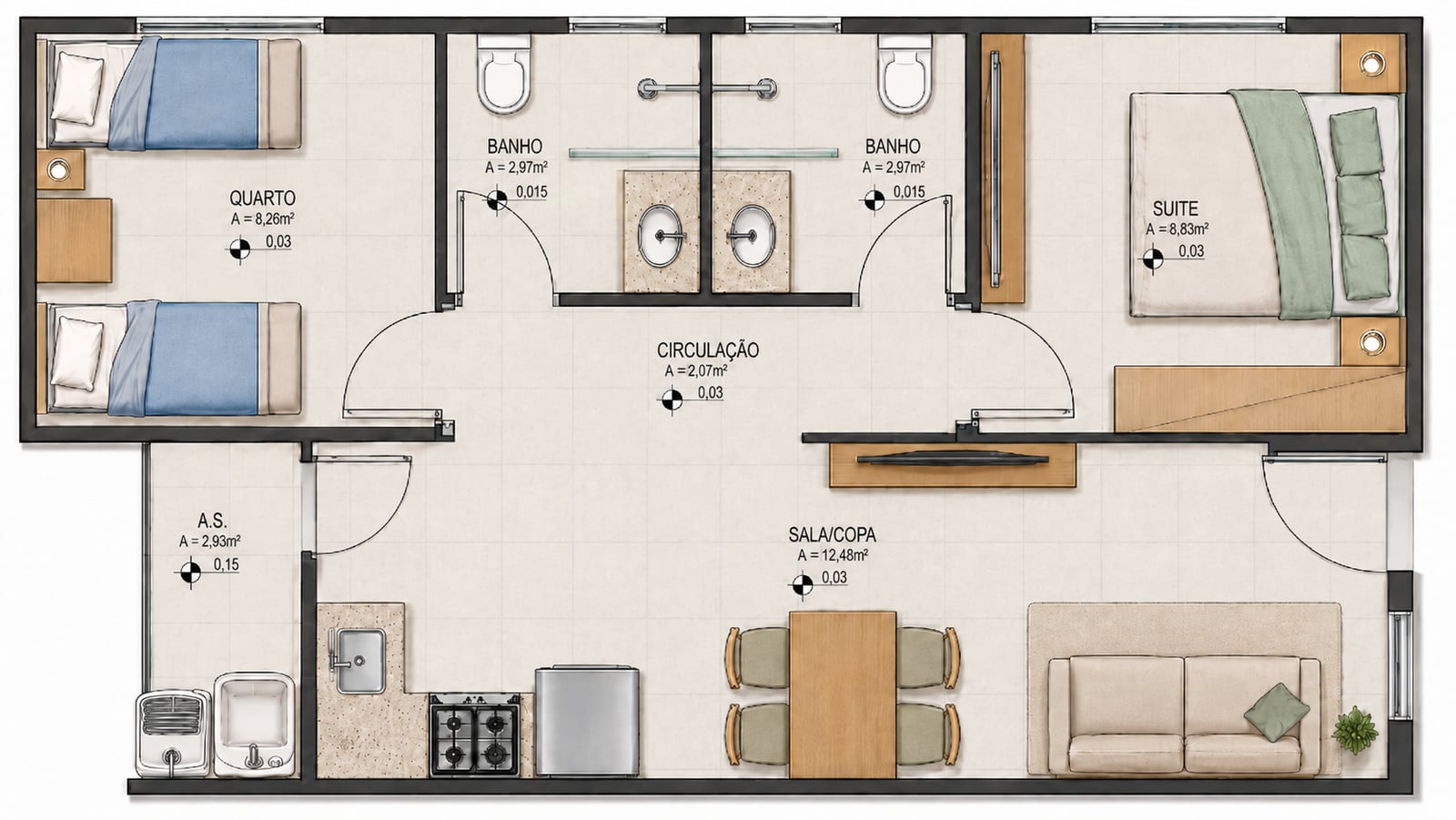 Planta Casa 2 quartos (1 suíte)