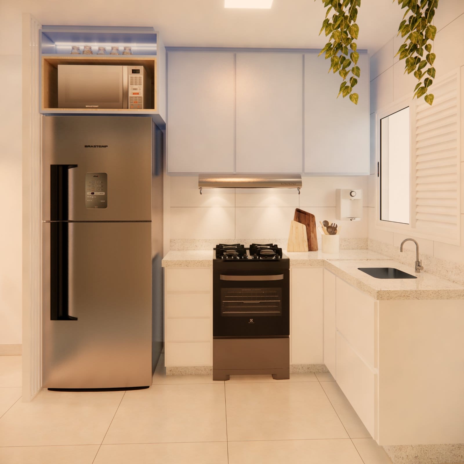 Sala e cozinha integradas — render 3D do projeto (5)