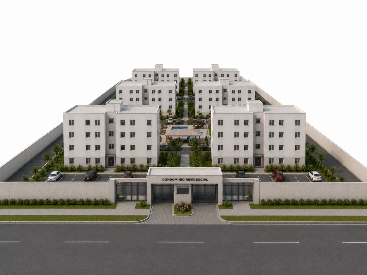 Fachada e portaria do Parque dos Sonhos III — Apartamentos, projeto ilustrativo, no Bairro Vieno, Araguari/MG