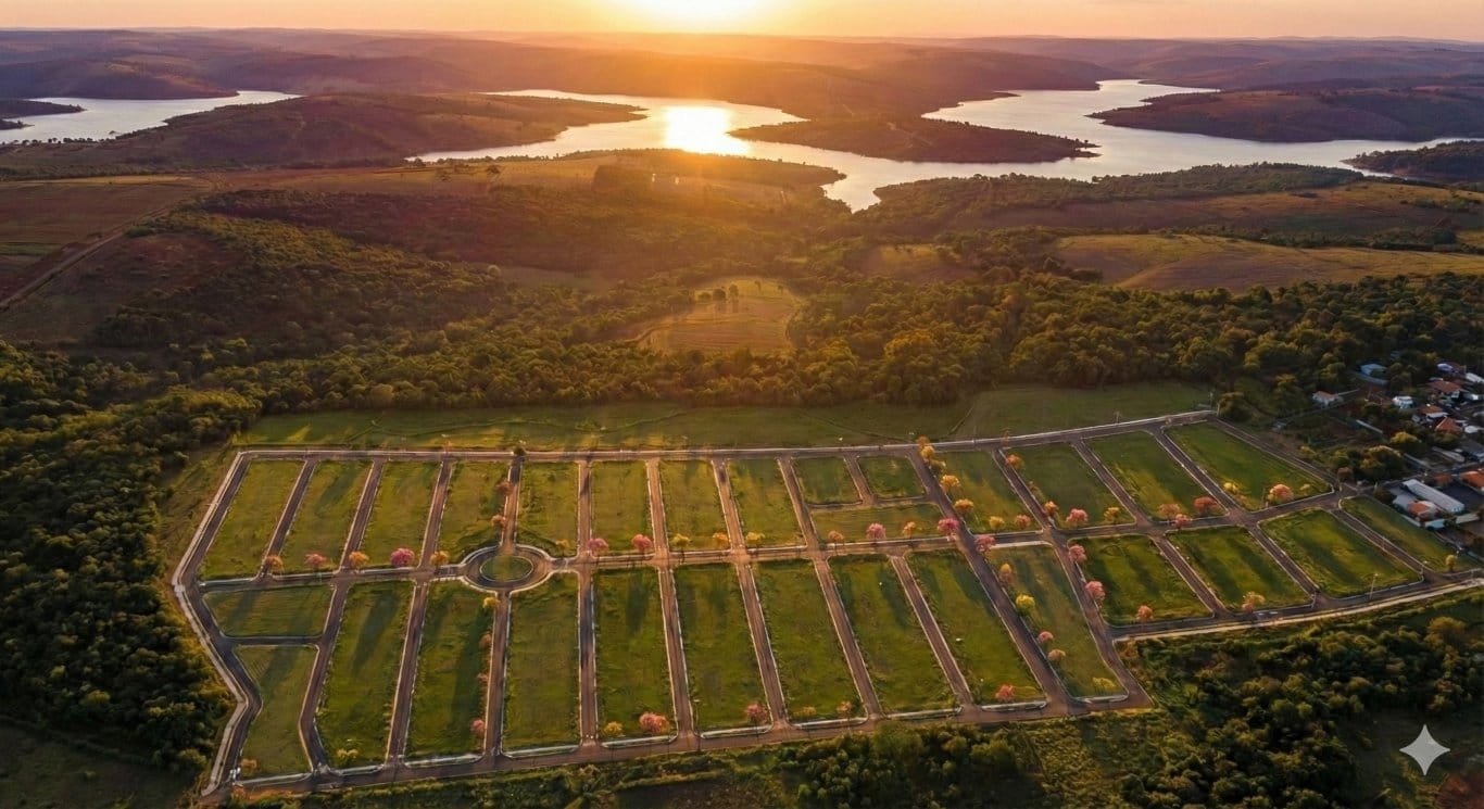Vista aérea do Loteamento Parque dos Sonhos ao pôr do sol, com lago ao fundo — imagem ilustrativa do projeto