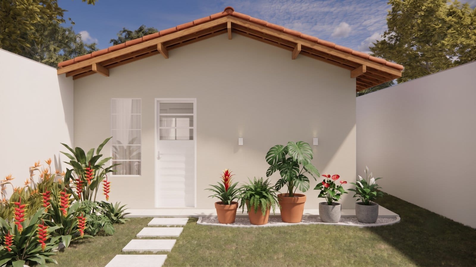 Render 3D da fachada dos fundos de uma casa do Parque dos Sonhos II, com jardim, no Loteamento Parque dos Sonhos, em Indianópolis/MG