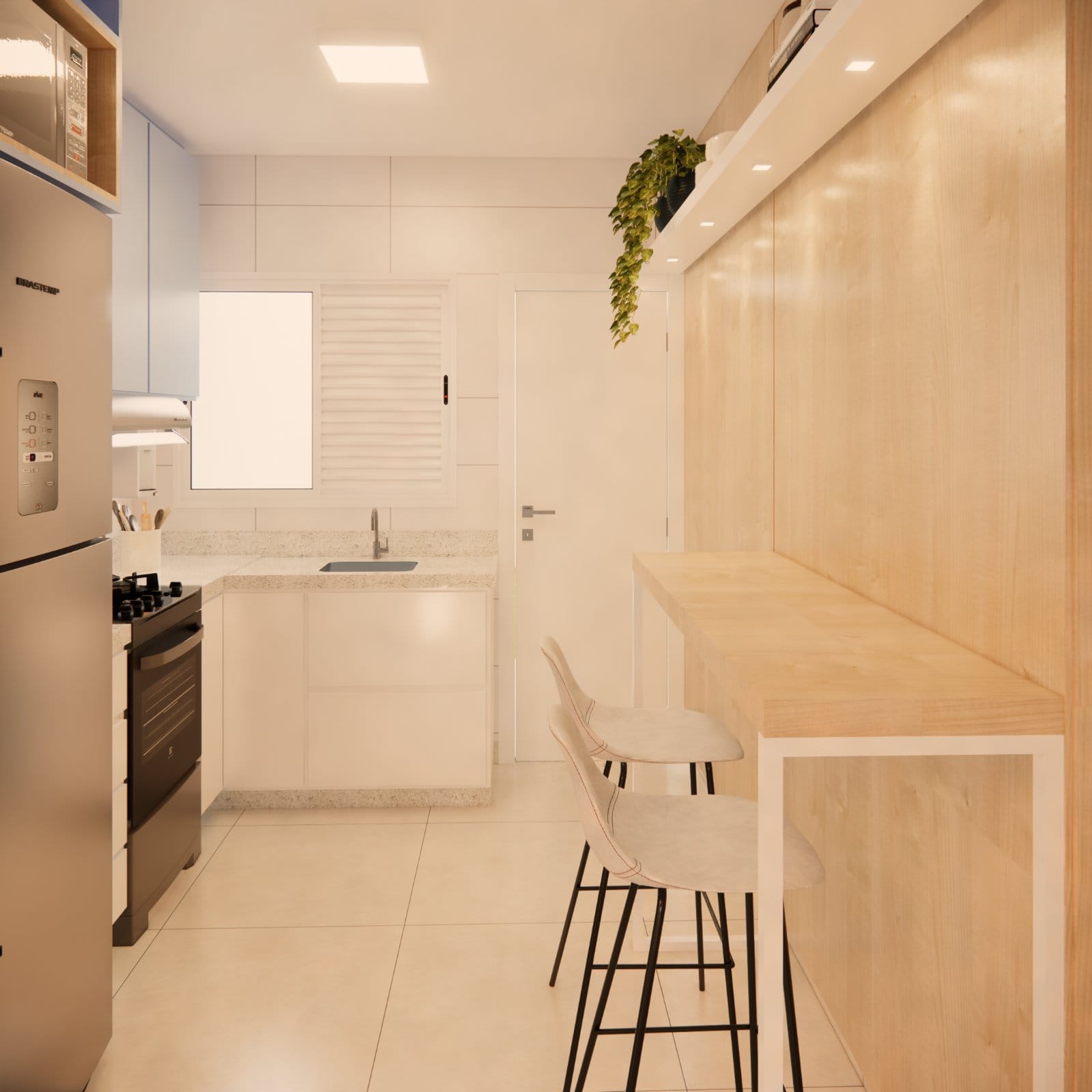 Sala e cozinha integradas — render 3D do projeto (1)