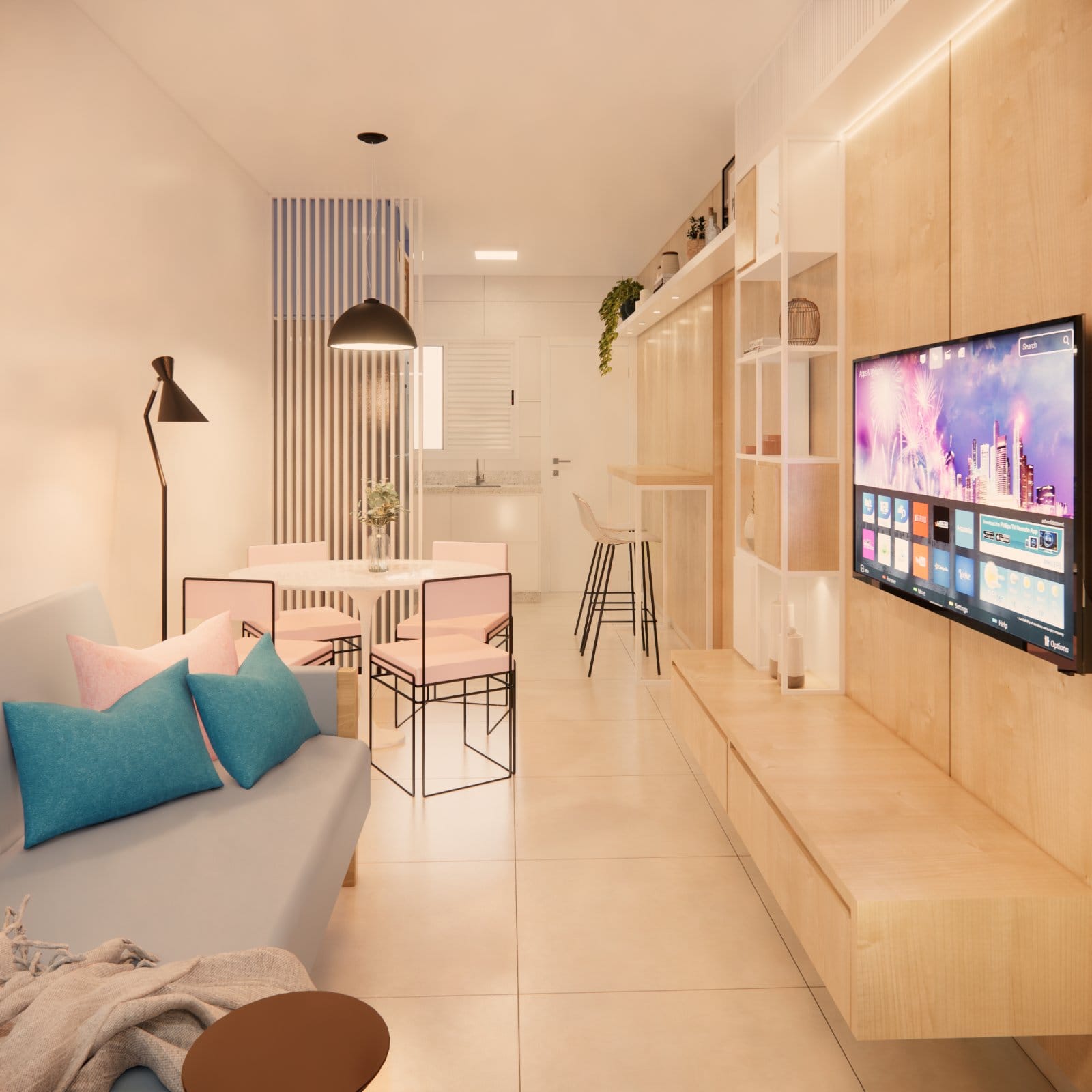 Sala e cozinha integradas — render 3D do projeto (2)