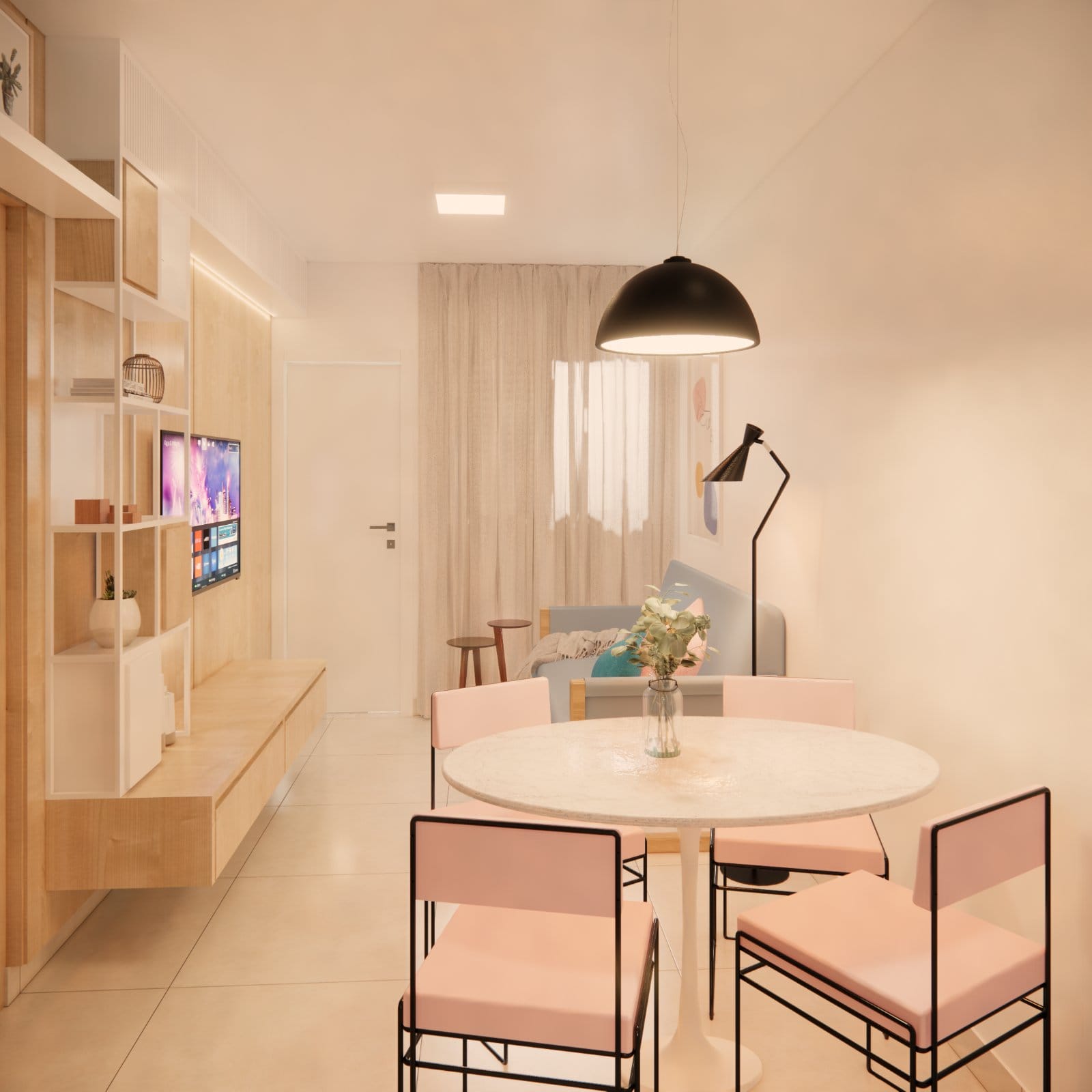 Sala e cozinha integradas — render 3D do projeto (3)