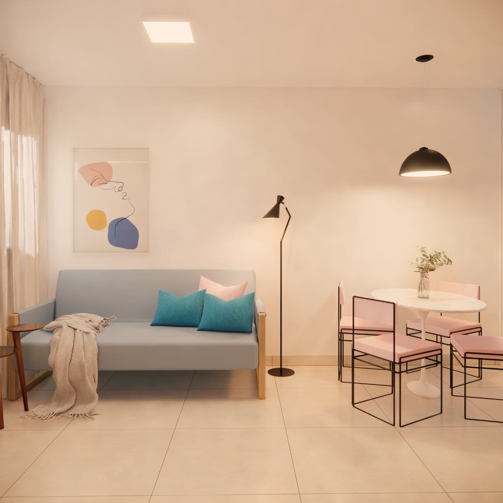 Sala e cozinha integradas — render 3D do projeto (4)