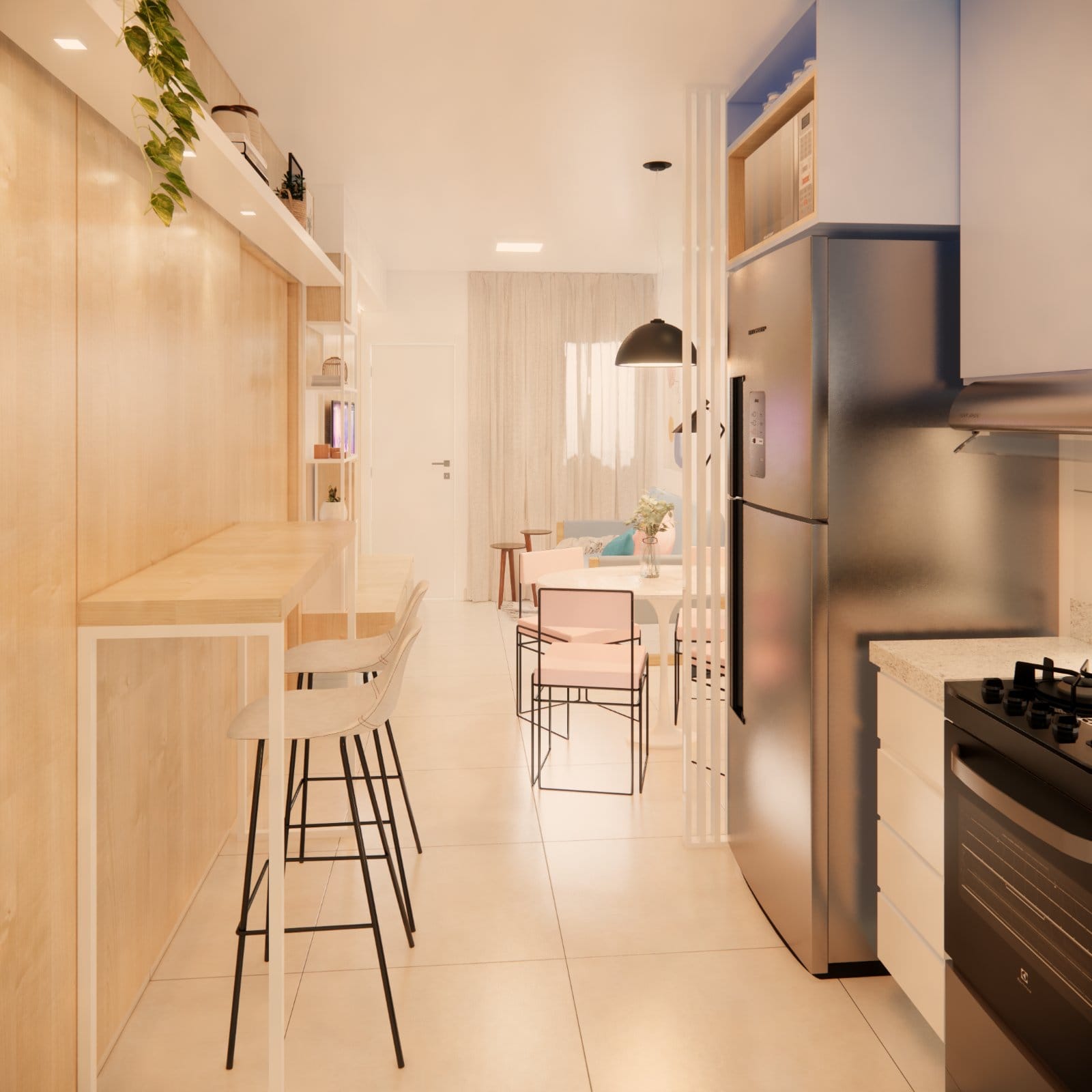 Sala e cozinha integradas — render 3D do projeto (6)