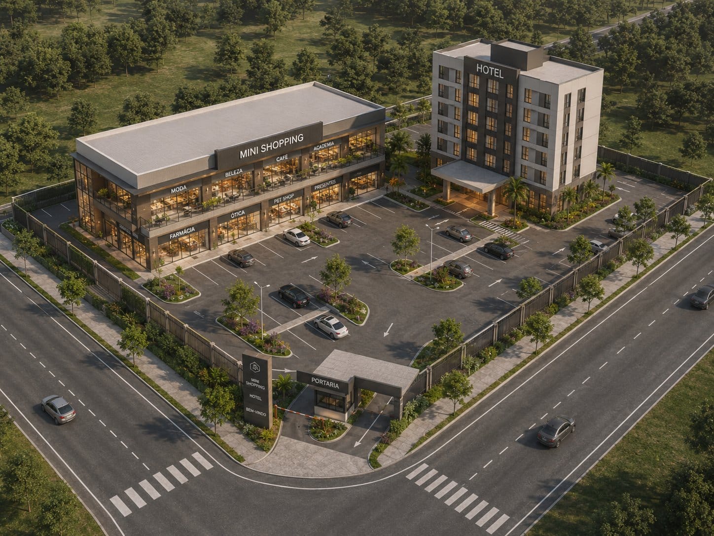 Imagem aérea do complexo comercial Parque dos Sonhos IV, com mini shopping, escritórios e hotel, no Loteamento Parque dos Sonhos, em Indianópolis/MG