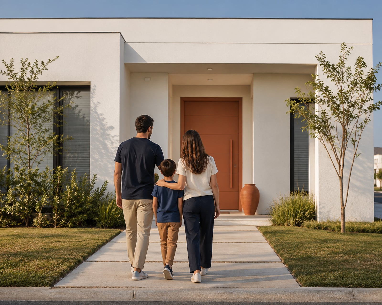 Família chegando à porta da sua nova casa Sonhares