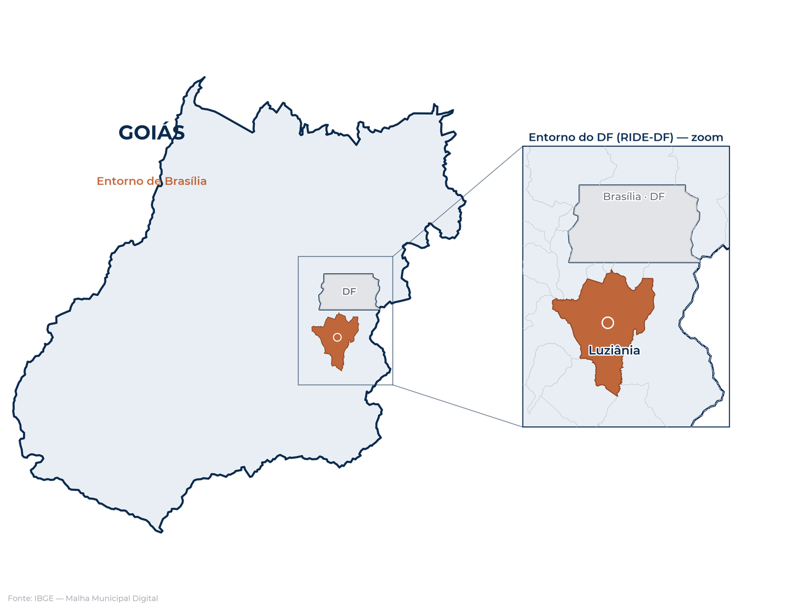 Mapa de Goiás com Luziânia destacada, no Entorno de Brasília