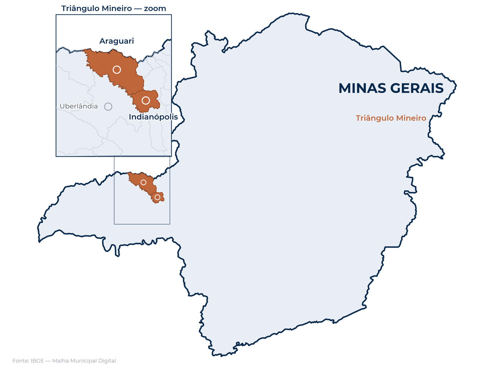 Mapa do Triângulo Mineiro (MG) com Araguari e Indianópolis destacadas